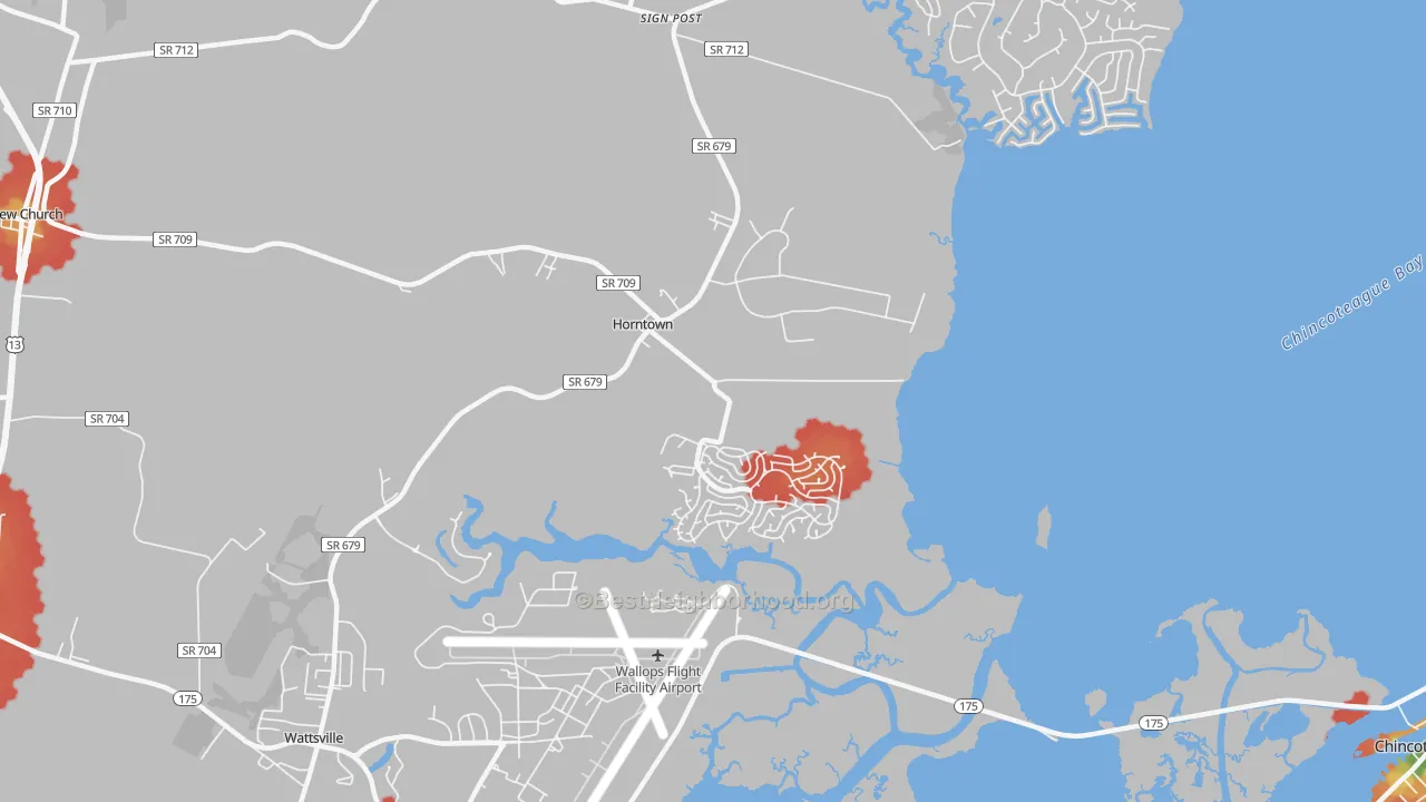 Walk Grade map of Horntown, VA, walkable areas in green and car-dependent areas in red