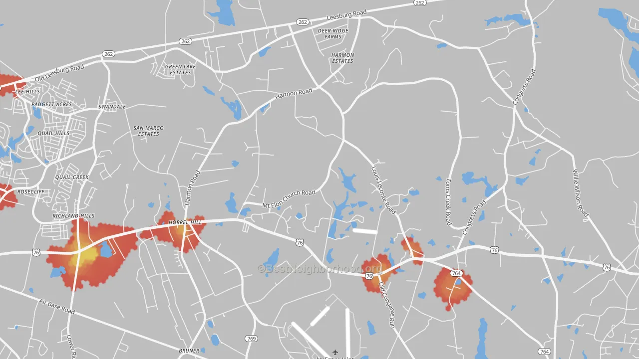 Walk Grade map of Horrel Hill, SC, walkable areas in green and car-dependent areas in red