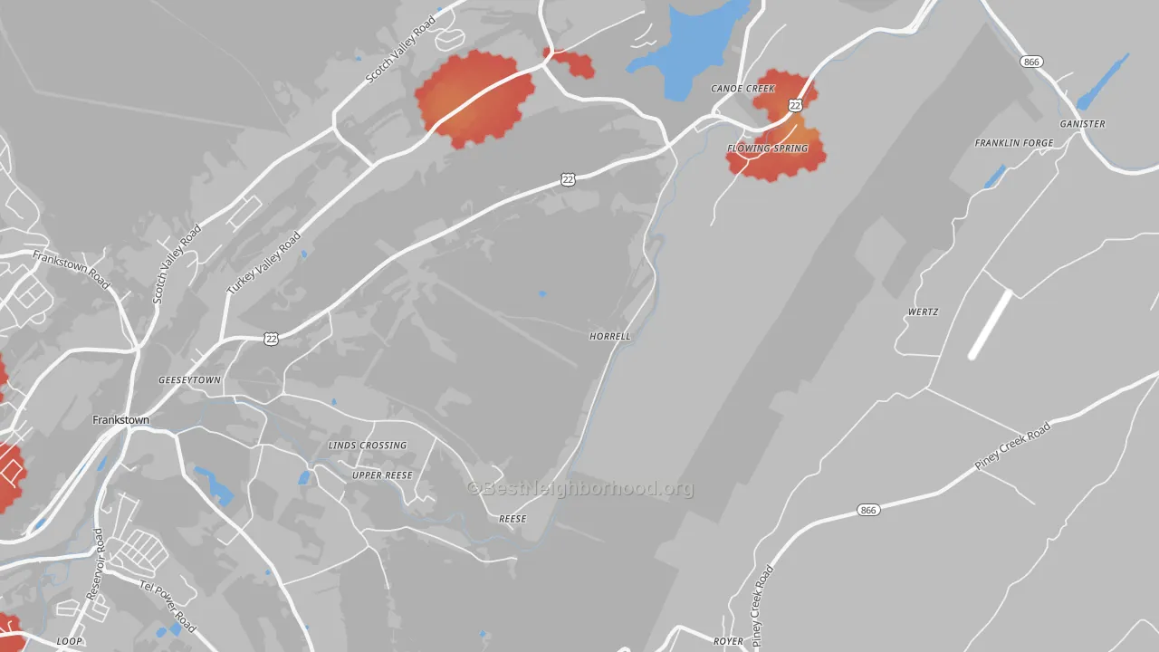 Walk Grade map of Horrell, PA, walkable areas in green and car-dependent areas in red