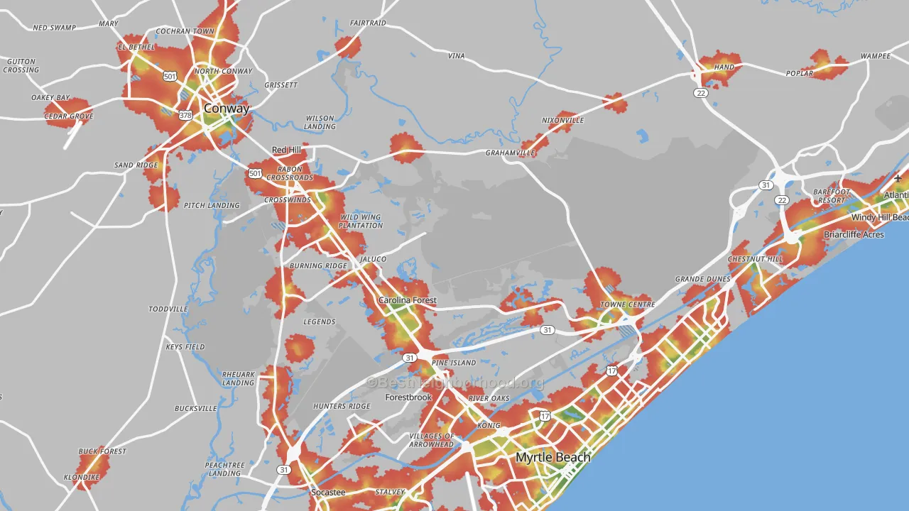 Walk Grade map of Horry County, SC, walkable areas in green and car-dependent areas in red