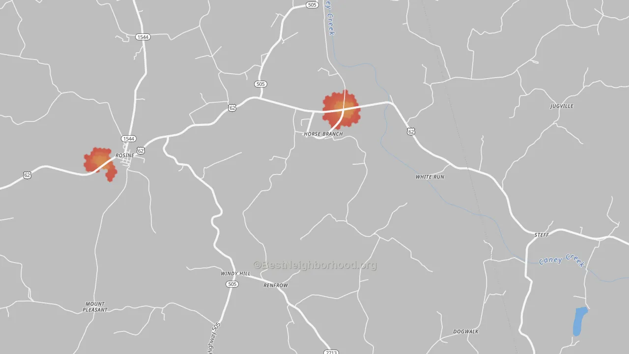 Walk Grade map of Horse Branch, KY, walkable areas in green and car-dependent areas in red