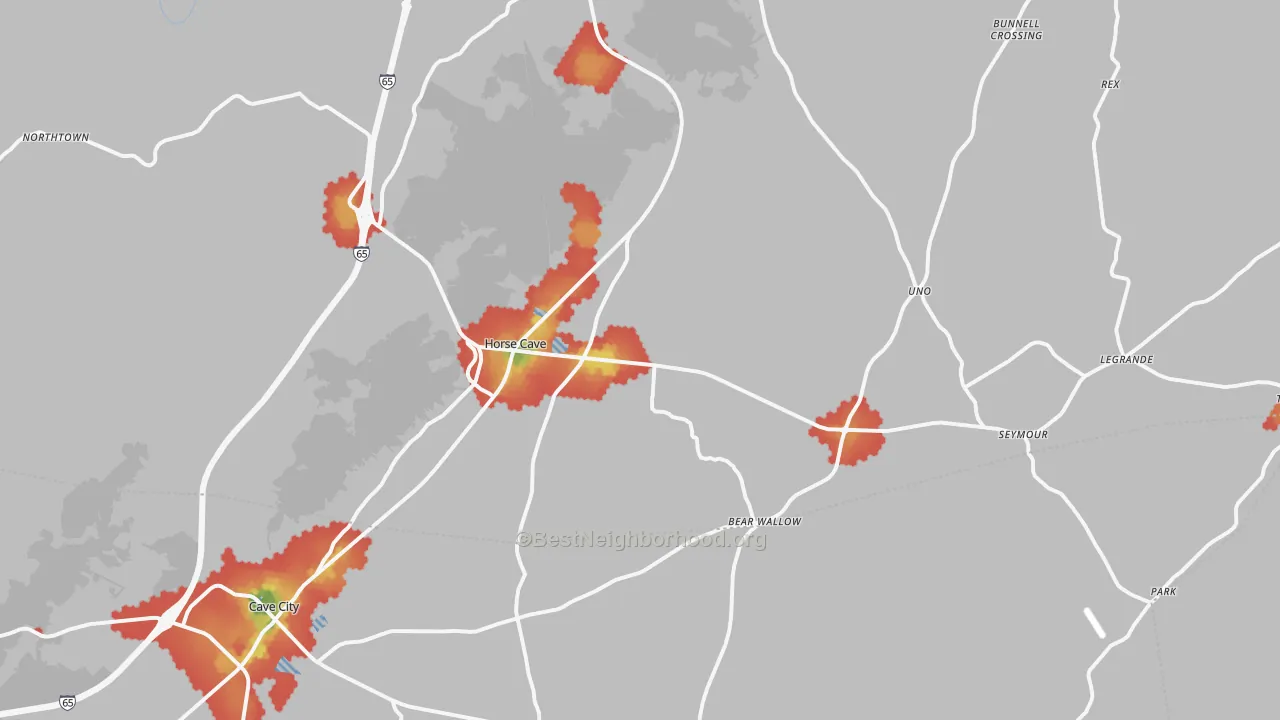 Walk Grade map of Horse Cave, KY, walkable areas in green and car-dependent areas in red