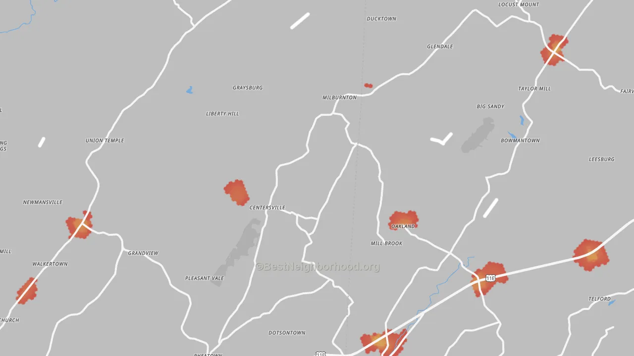 Walk Grade map of Horse Creek, TN, walkable areas in green and car-dependent areas in red