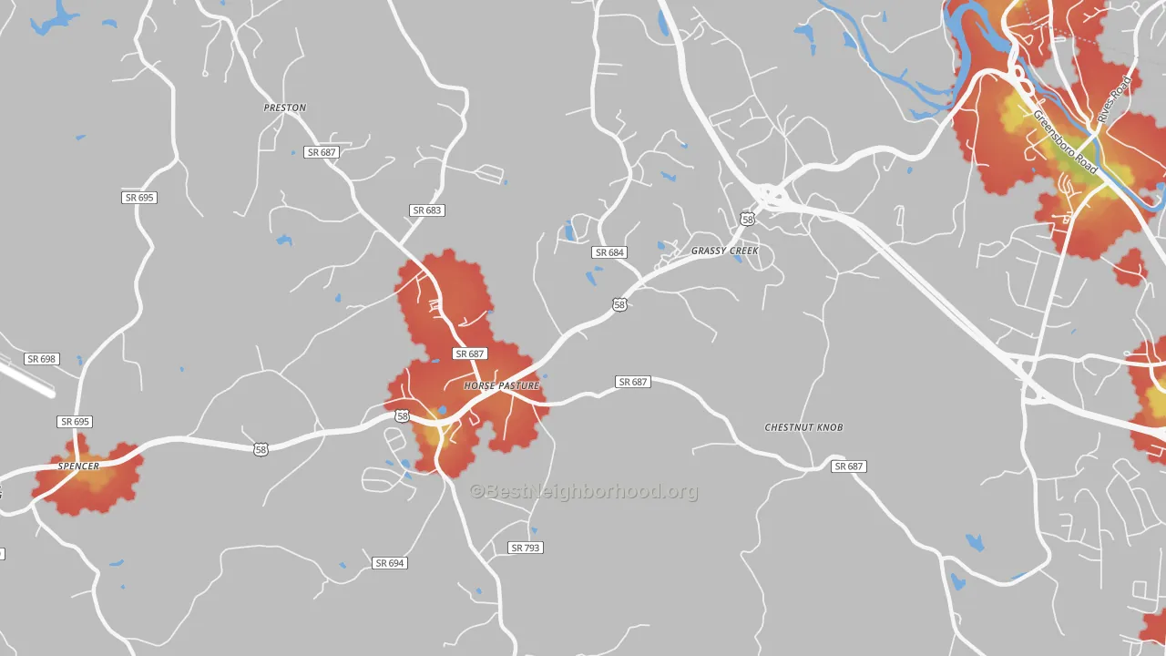 Walk Grade map of Horse Pasture, VA, walkable areas in green and car-dependent areas in red