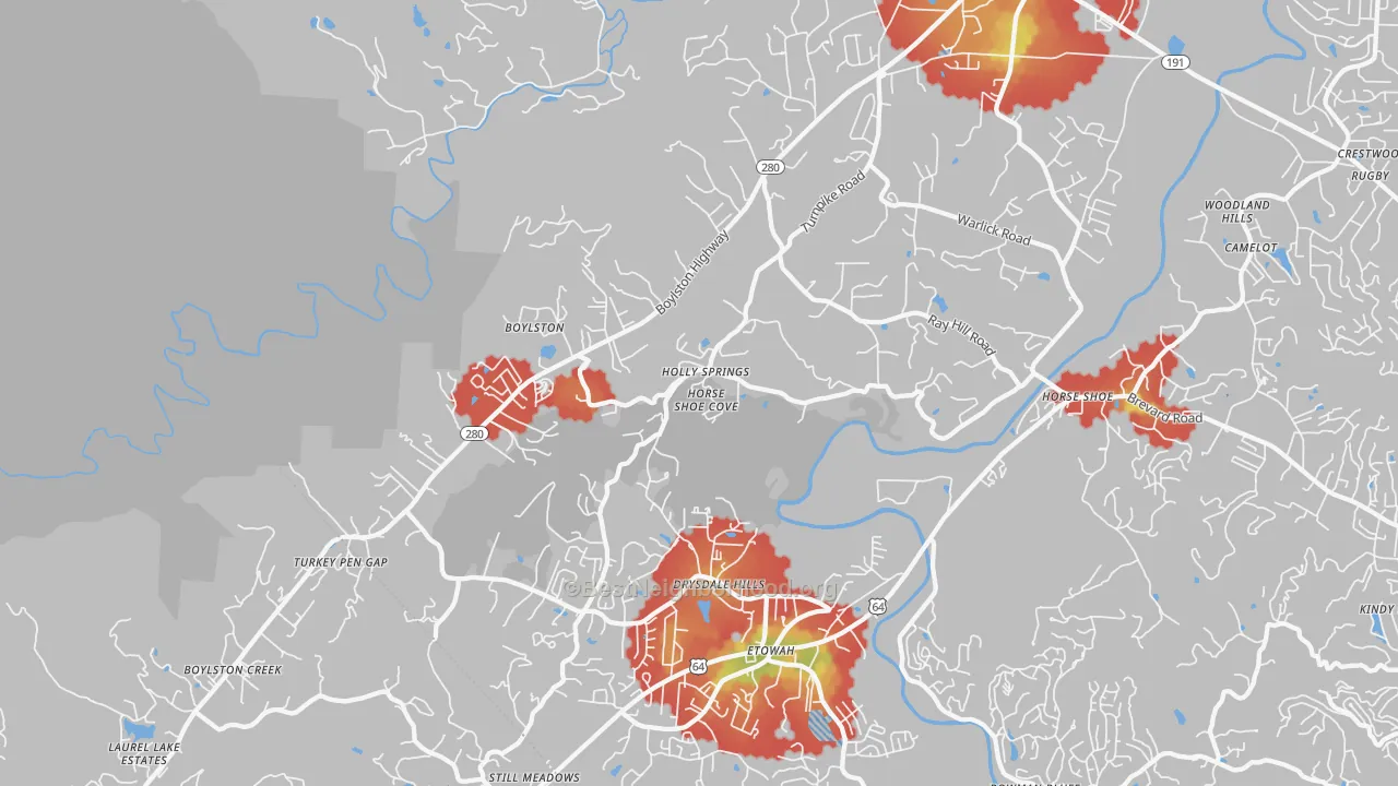Walk Grade map of Horse Shoe, NC, walkable areas in green and car-dependent areas in red