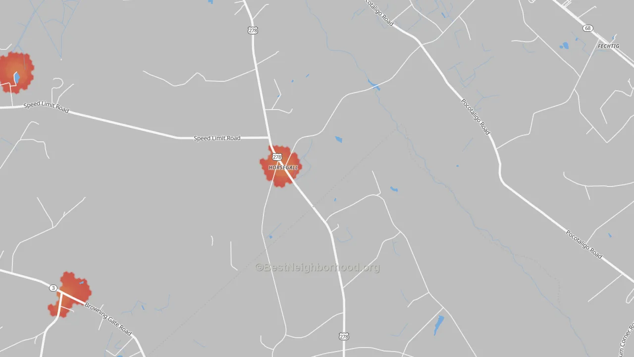 Walk Grade map of Horsegall, SC, walkable areas in green and car-dependent areas in red