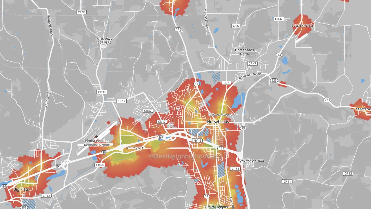 Walk Grade map of Horseheads, NY, walkable areas in green and car-dependent areas in red