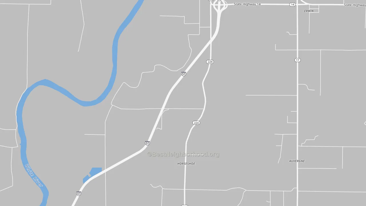 Walk Grade map of Horseshoe, AR, walkable areas in green and car-dependent areas in red