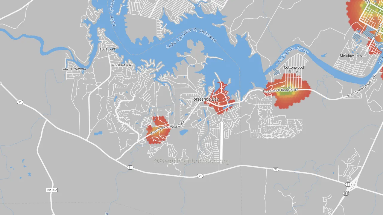 Walk Grade map of Horseshoe Bay, TX, walkable areas in green and car-dependent areas in red