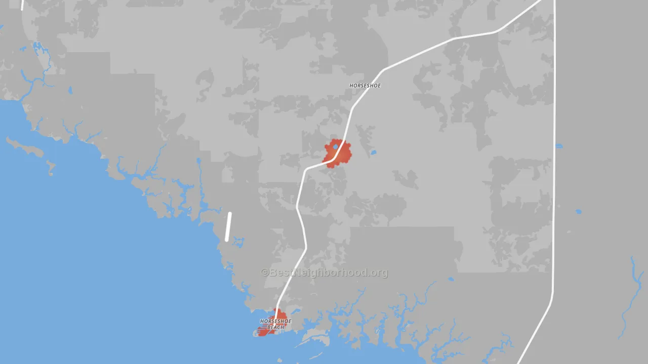 Walk Grade map of Horseshoe Beach, FL, walkable areas in green and car-dependent areas in red