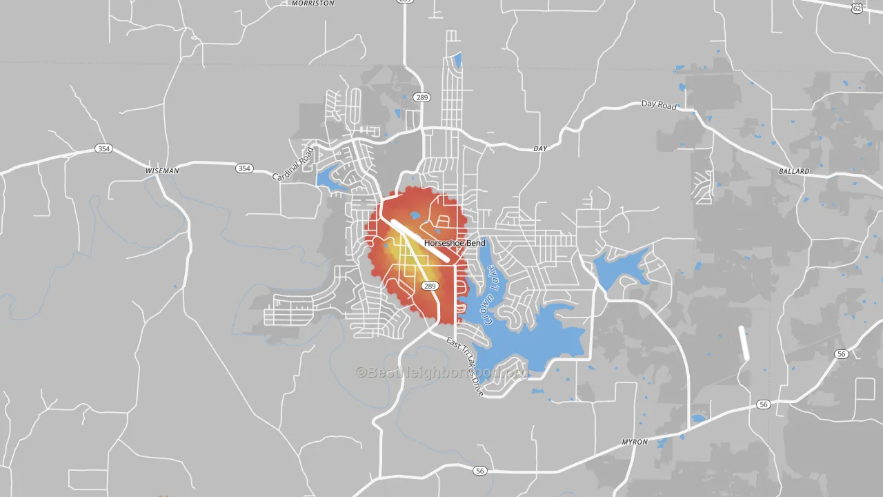 Walk Grade map of Horseshoe Bend, AR, walkable areas in green and car-dependent areas in red