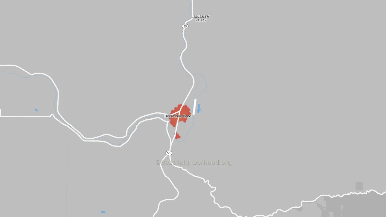 Walk Grade map of Horseshoe Bend, ID, walkable areas in green and car-dependent areas in red