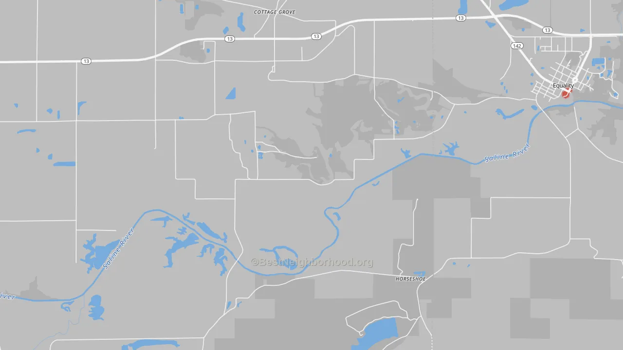 Walk Grade map of Horseshoe, IL, walkable areas in green and car-dependent areas in red