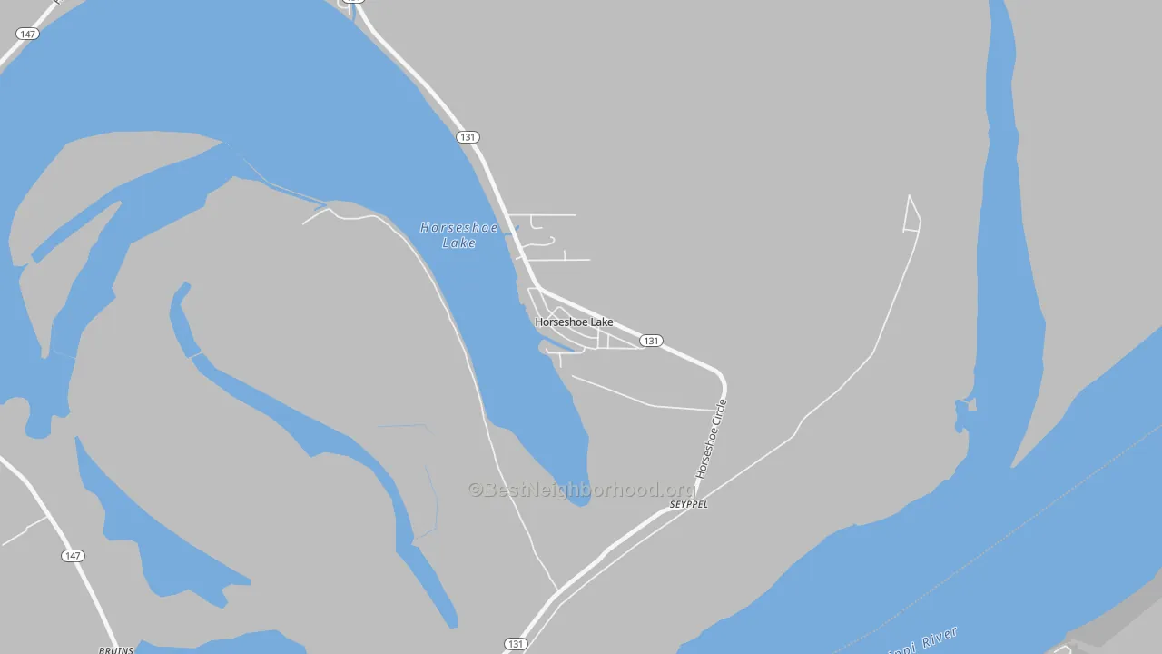 Walk Grade map of Horseshoe Lake, AR, walkable areas in green and car-dependent areas in red