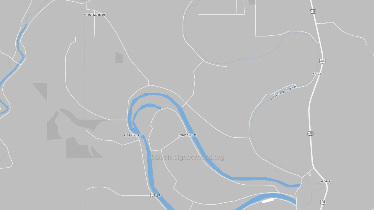 Walk Grade map of Horseshoe, MS, walkable areas in green and car-dependent areas in red