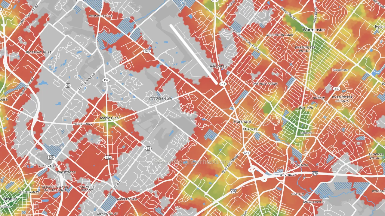 Walk Grade map of Horsham, PA, walkable areas in green and car-dependent areas in red