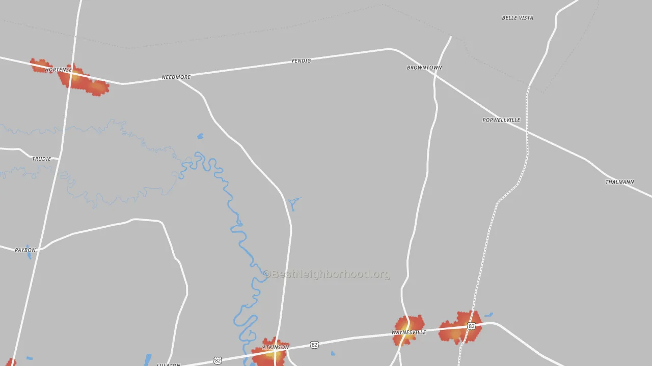 Walk Grade map of Hortense, GA, walkable areas in green and car-dependent areas in red