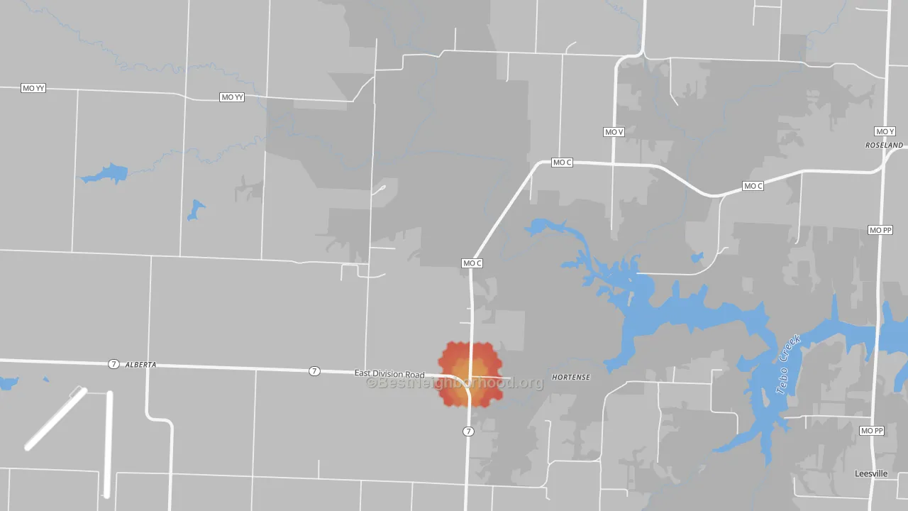 Walk Grade map of Hortense, MO, walkable areas in green and car-dependent areas in red