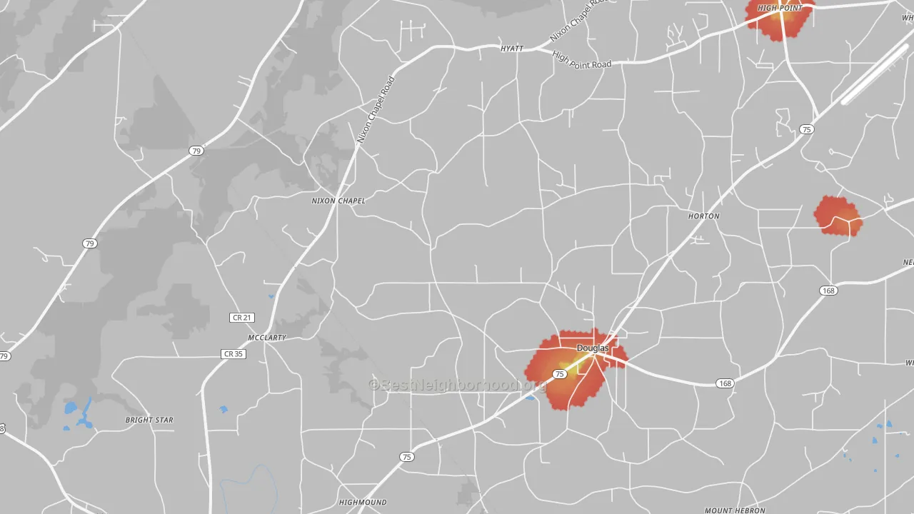 Walk Grade map of Horton, AL, walkable areas in green and car-dependent areas in red
