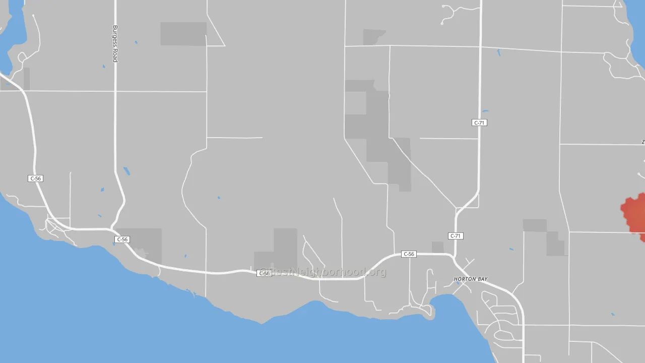 Walk Grade map of Horton Bay, MI, walkable areas in green and car-dependent areas in red