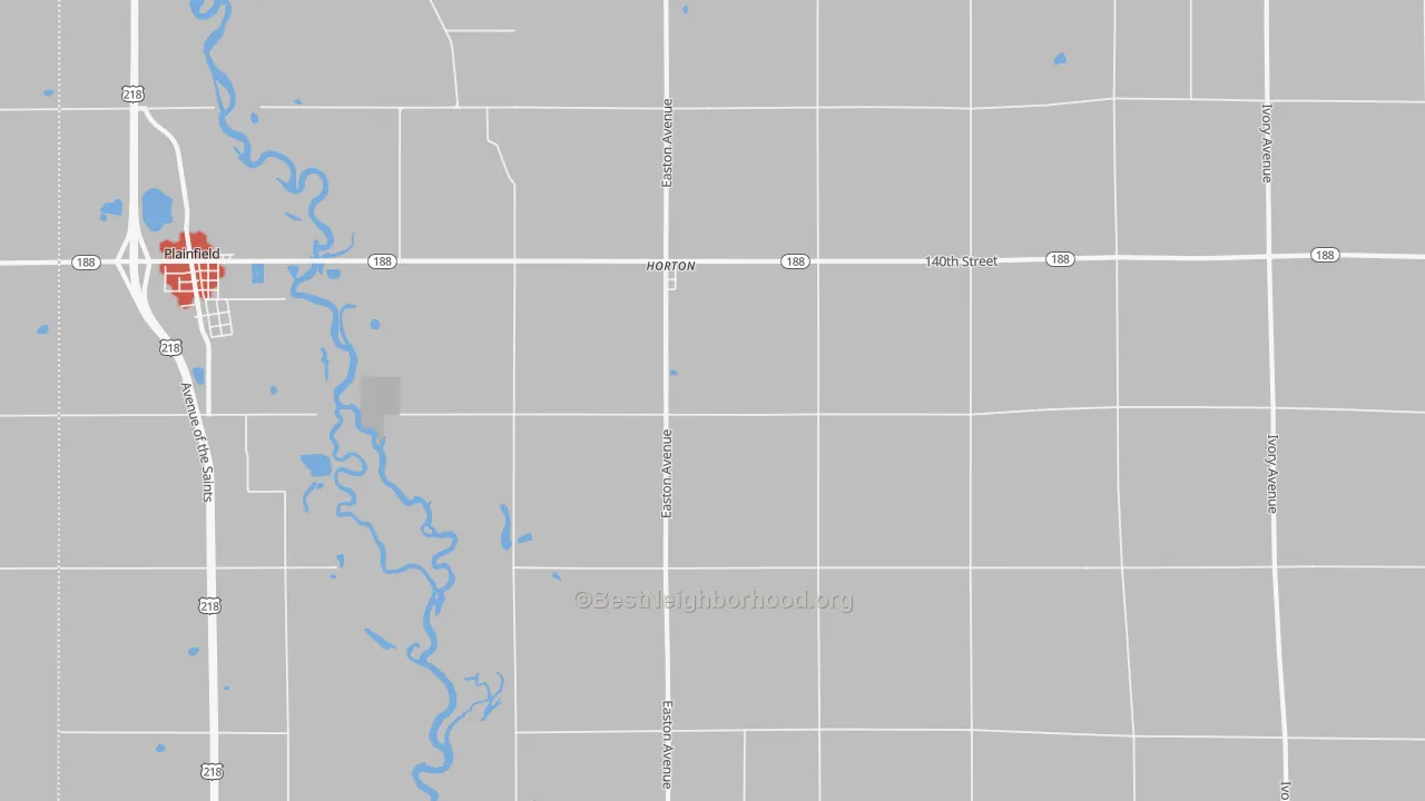 Walk Grade map of Horton, IA, walkable areas in green and car-dependent areas in red