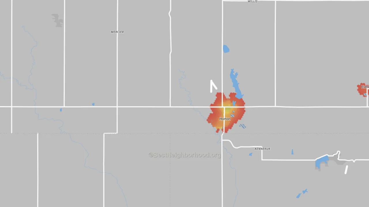 Walk Grade map of Horton, KS, walkable areas in green and car-dependent areas in red