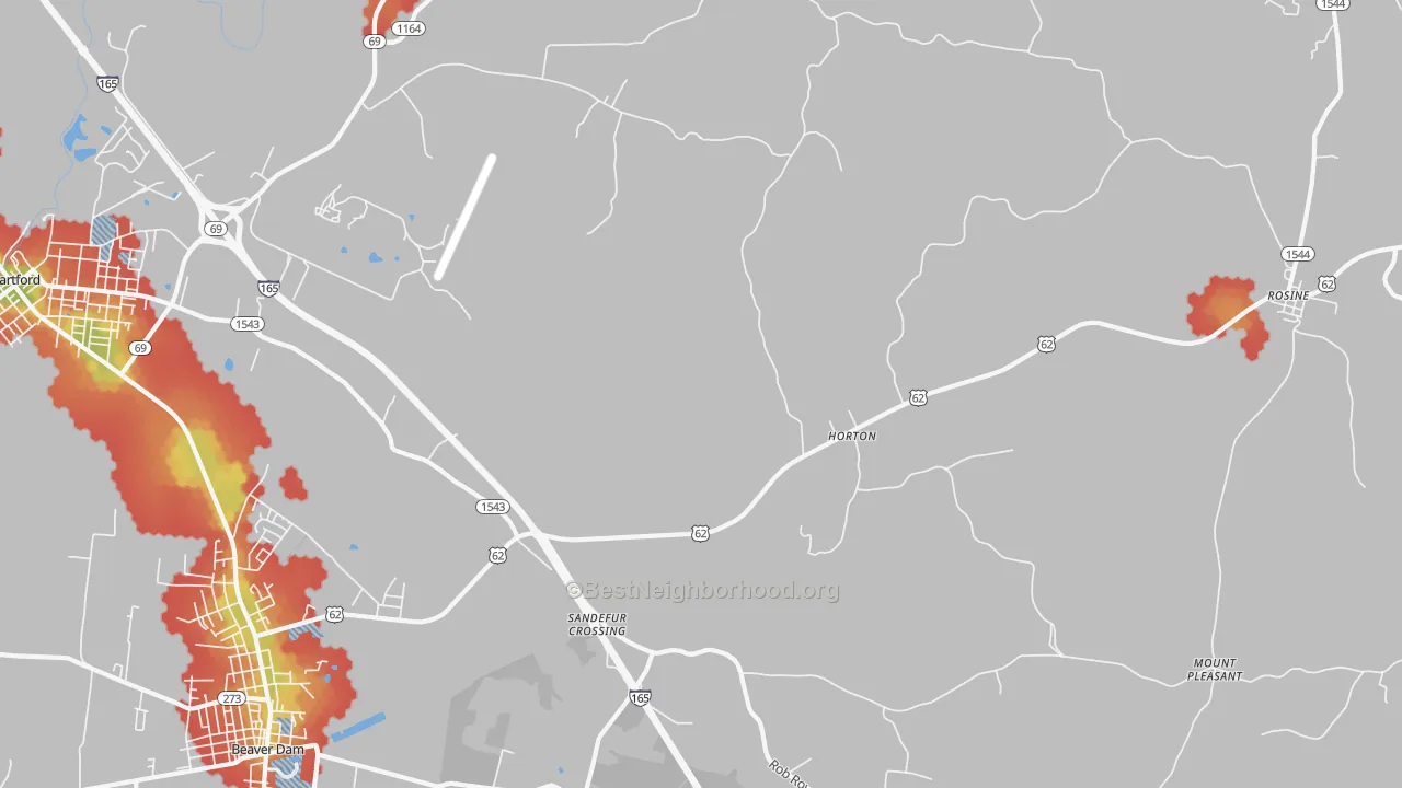 Walk Grade map of Horton, KY, walkable areas in green and car-dependent areas in red