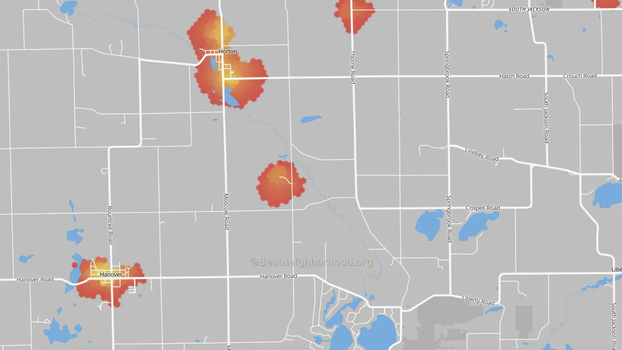 Walk Grade map of Horton, MI, walkable areas in green and car-dependent areas in red