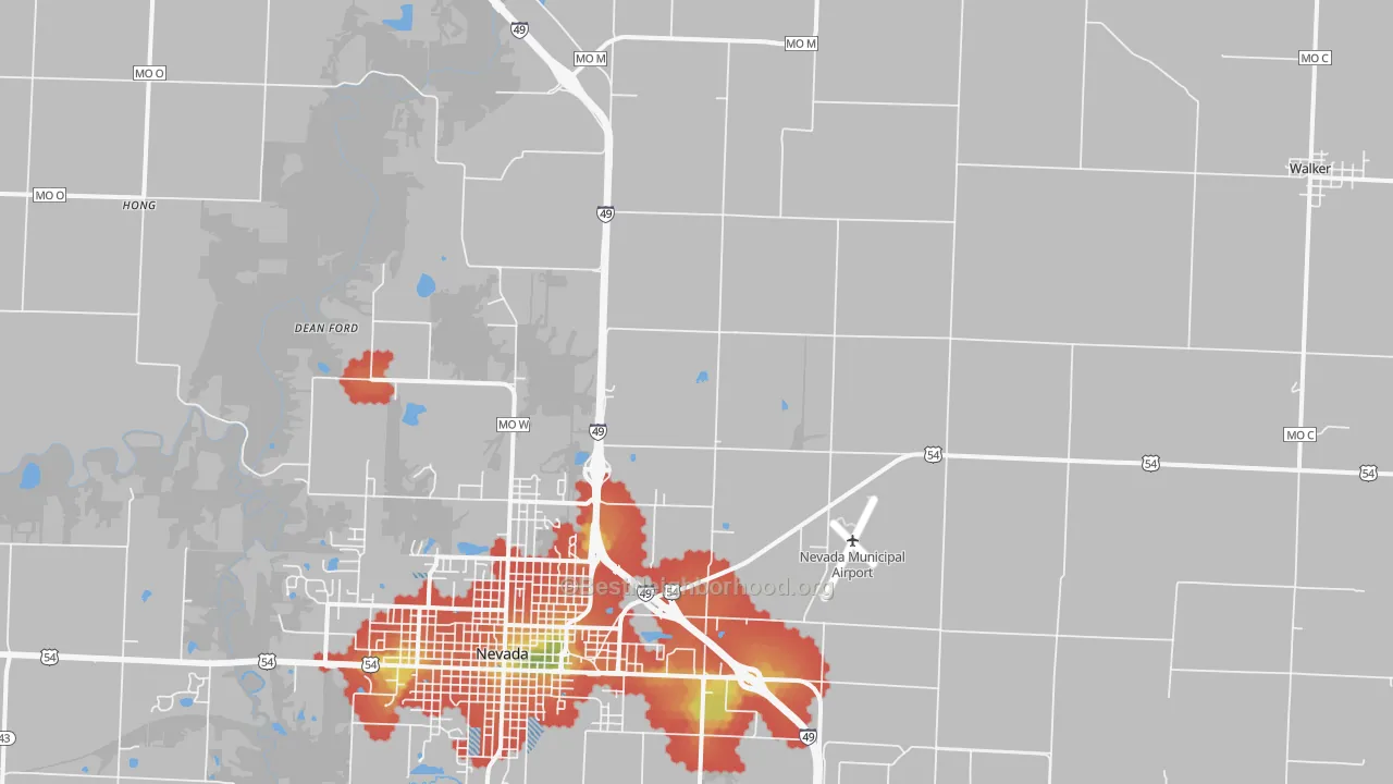 Walk Grade map of Horton, MO, walkable areas in green and car-dependent areas in red