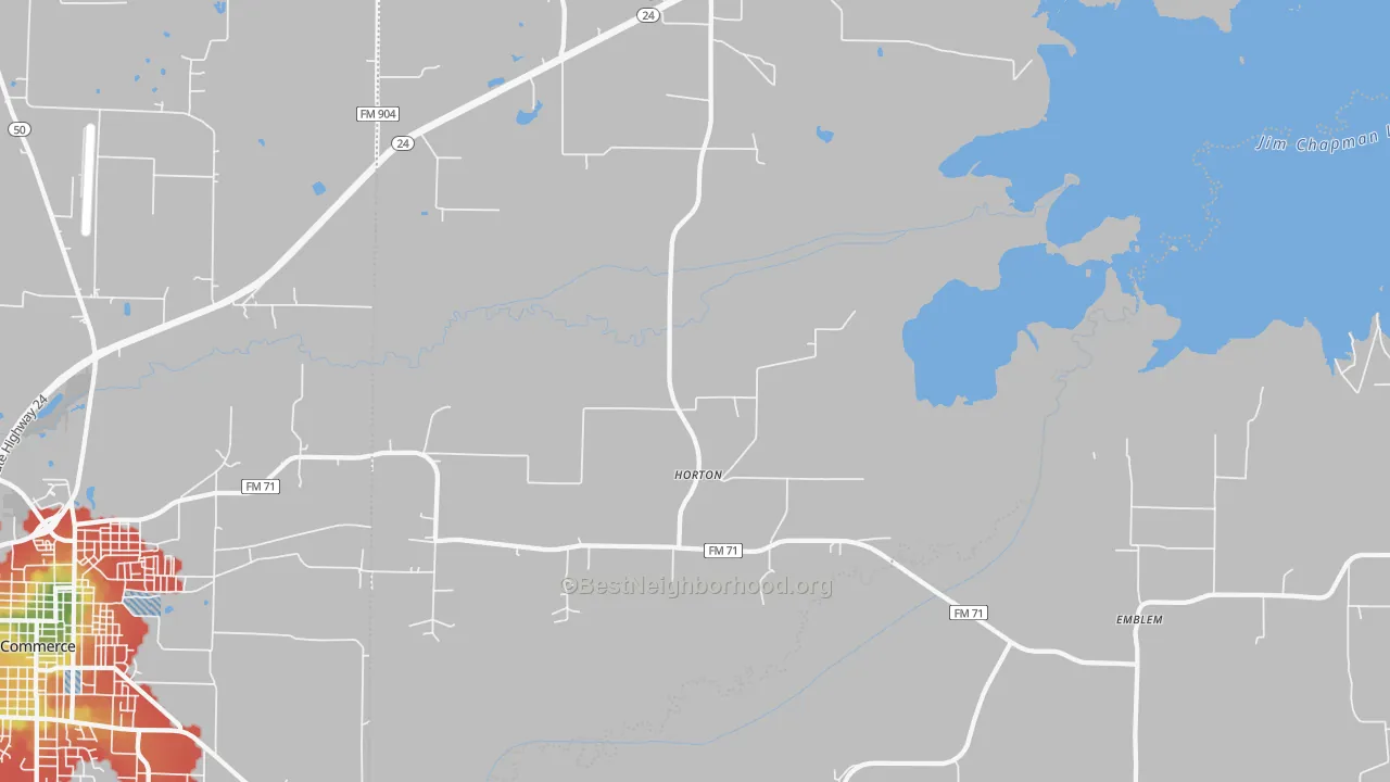 Walk Grade map of Horton, TX, walkable areas in green and car-dependent areas in red
