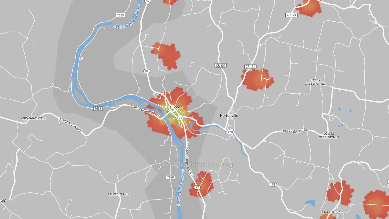 Walk Grade map of Hortonville, NY, walkable areas in green and car-dependent areas in red