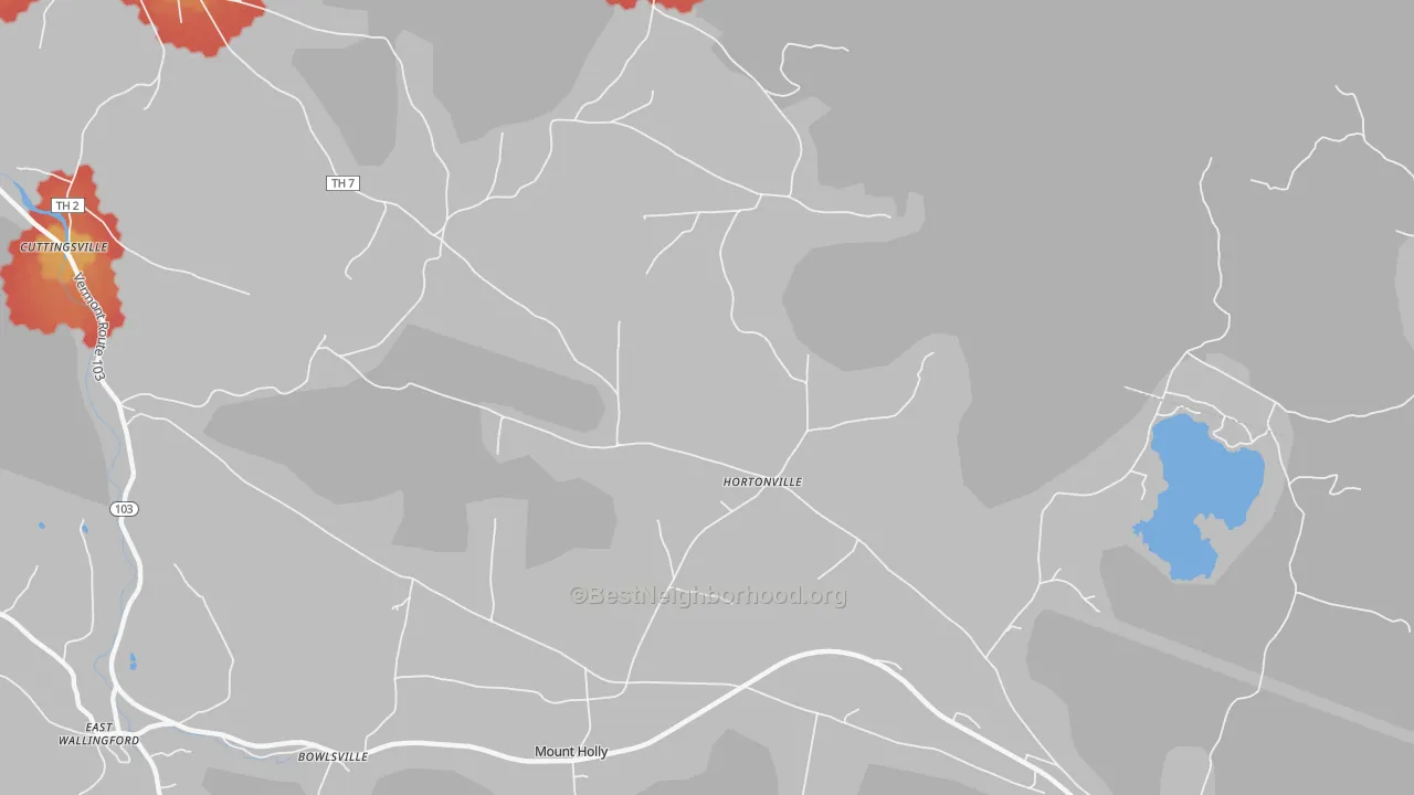 Walk Grade map of Hortonville, VT, walkable areas in green and car-dependent areas in red