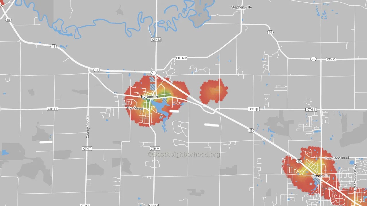 Walk Grade map of Hortonville, WI, walkable areas in green and car-dependent areas in red