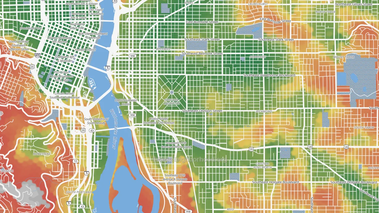 Walk Grade map of Hosford-Abernethy, Portland, OR, walkable areas in green and car-dependent areas in red
