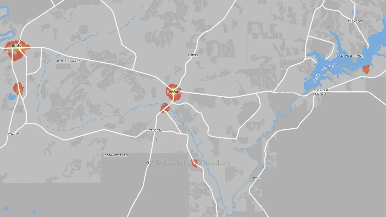 Walk Grade map of Hosford, FL, walkable areas in green and car-dependent areas in red