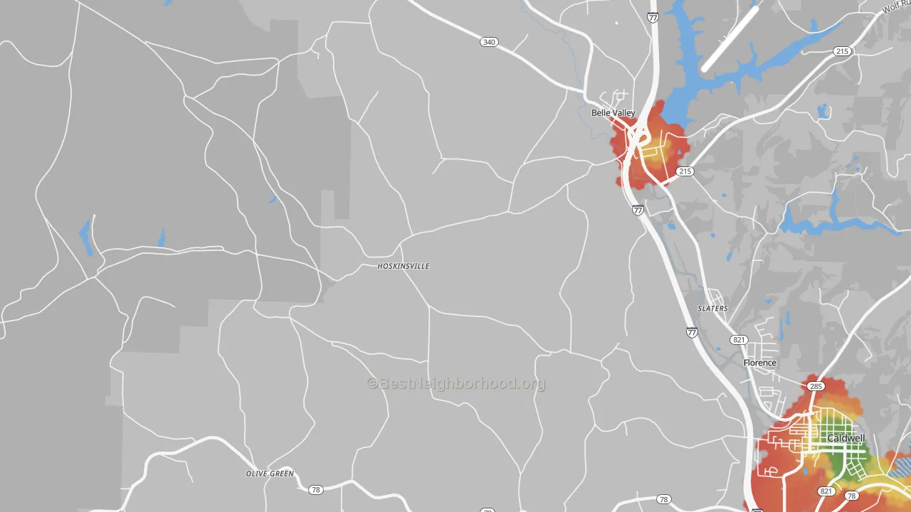 Walk Grade map of Hoskinsville, OH, walkable areas in green and car-dependent areas in red