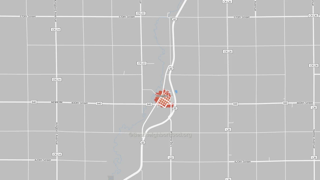Walk Grade map of Hospers, IA, walkable areas in green and car-dependent areas in red