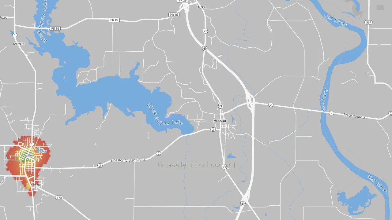 Walk Grade map of Hosston, LA, walkable areas in green and car-dependent areas in red