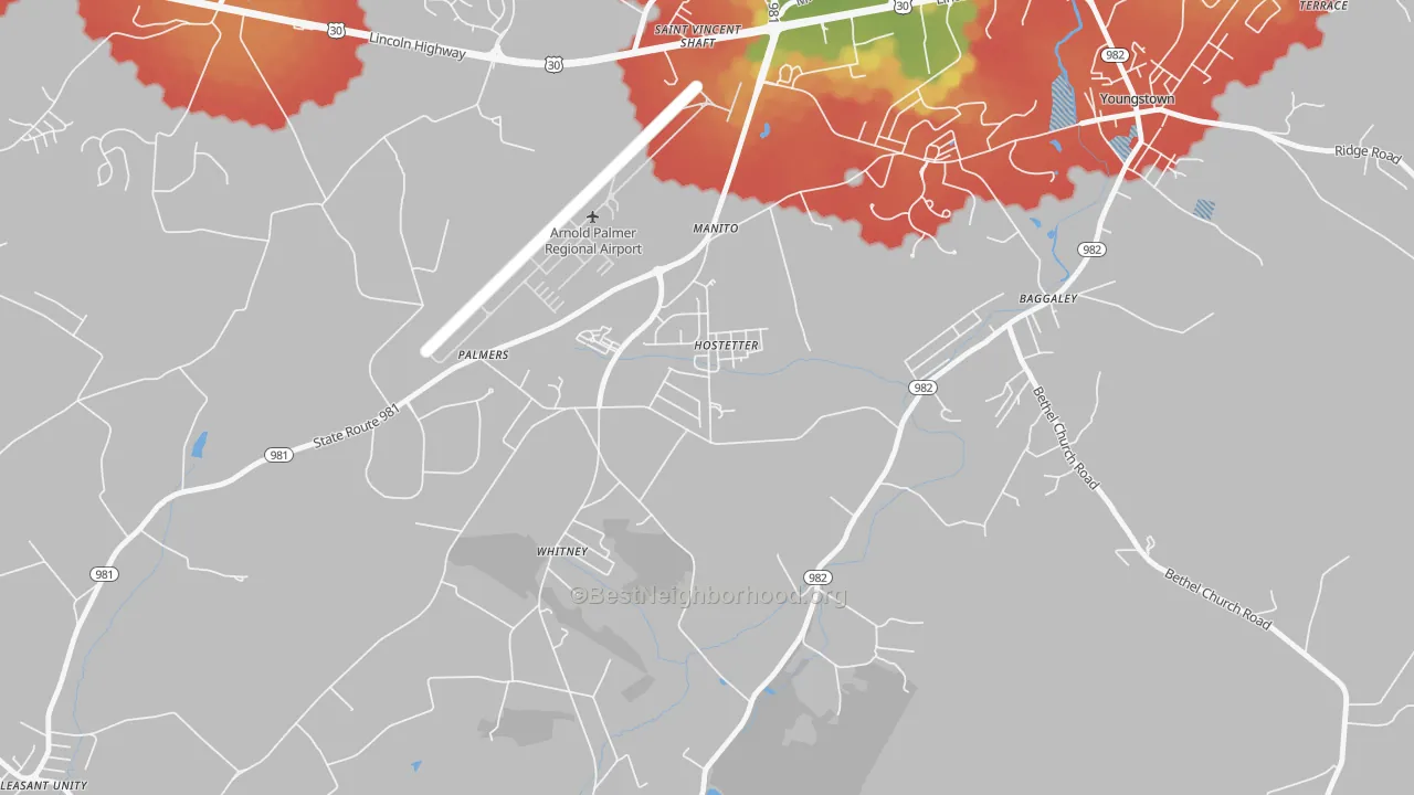 Walk Grade map of Hostetter, PA, walkable areas in green and car-dependent areas in red