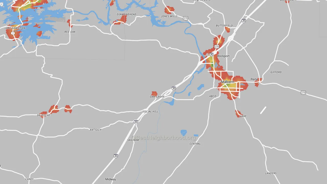 Walk Grade map of Hot Spring County, AR, walkable areas in green and car-dependent areas in red
