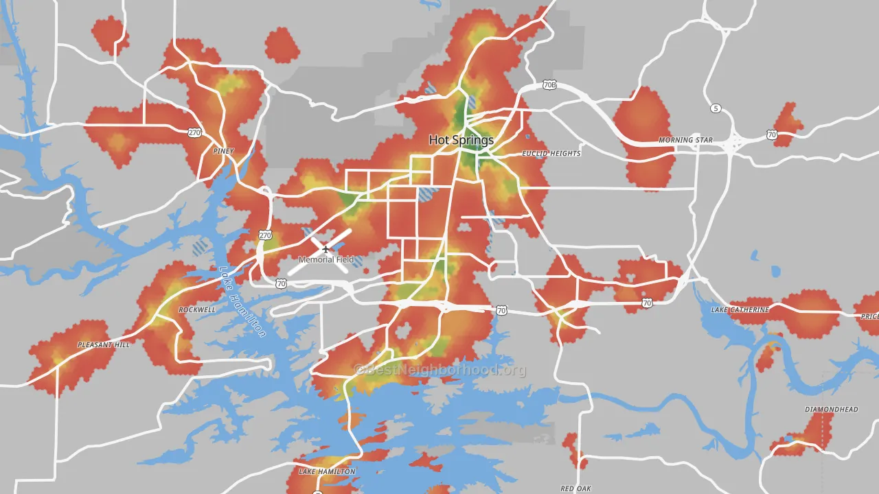 Walk Grade map of Hot Springs, AR, walkable areas in green and car-dependent areas in red