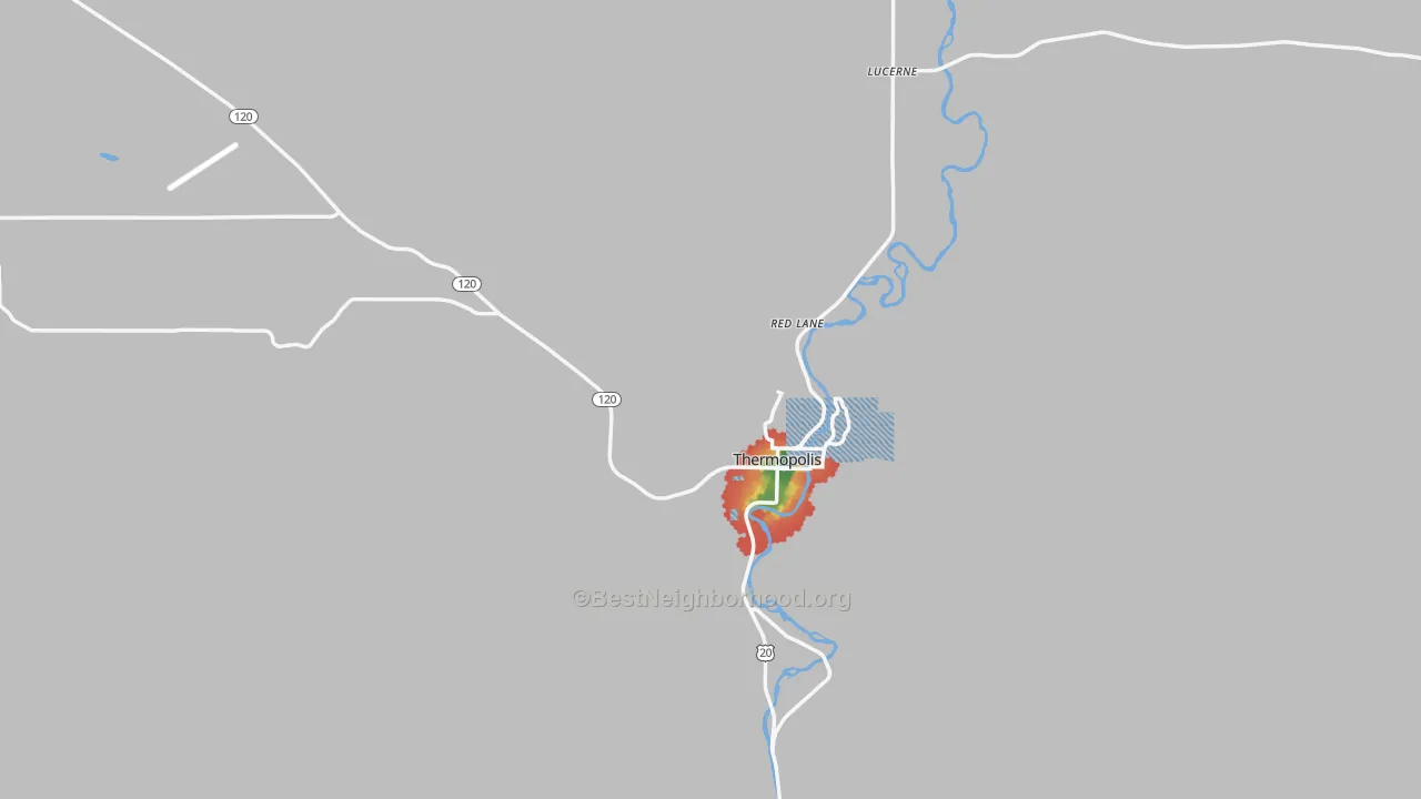 Walk Grade map of Hot Springs County, WY, walkable areas in green and car-dependent areas in red