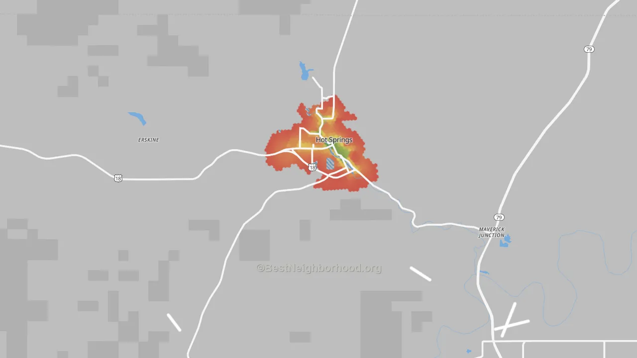 Walk Grade map of Hot Springs, SD, walkable areas in green and car-dependent areas in red