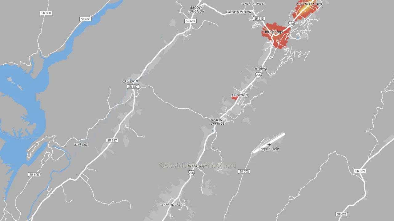 Walk Grade map of Hot Springs, VA, walkable areas in green and car-dependent areas in red