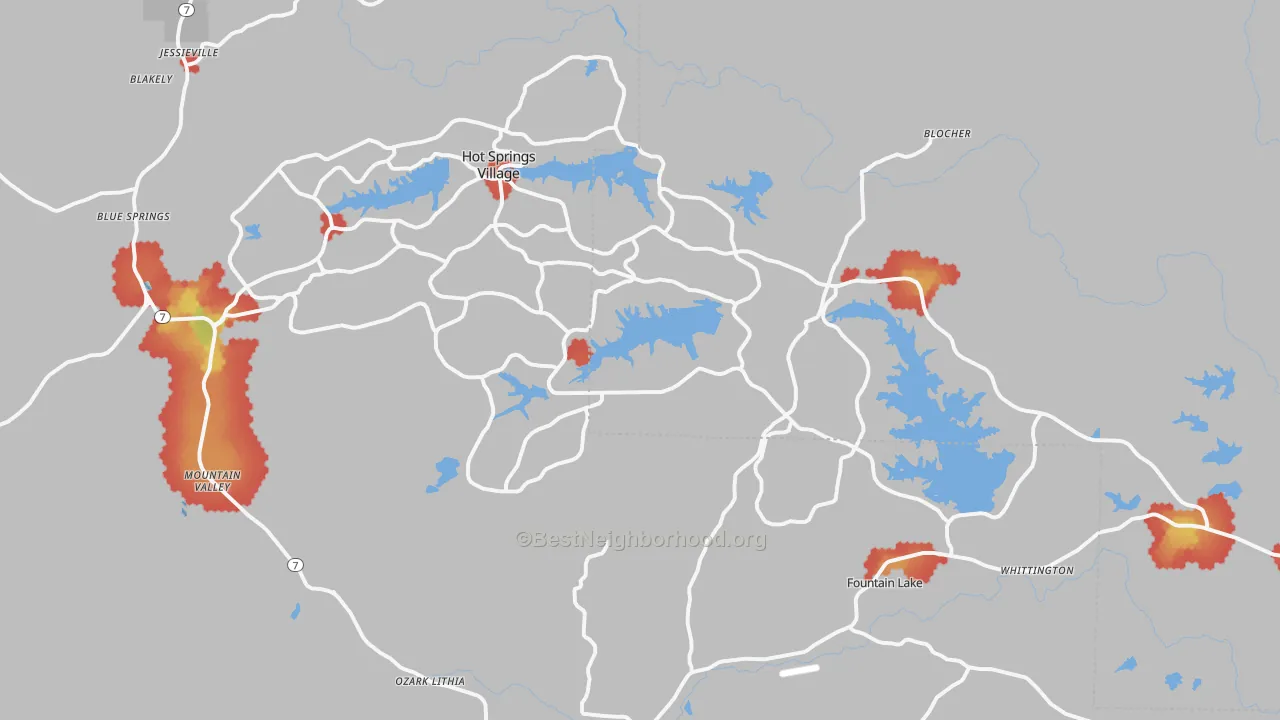 Walk Grade map of Hot Springs Village, AR, walkable areas in green and car-dependent areas in red