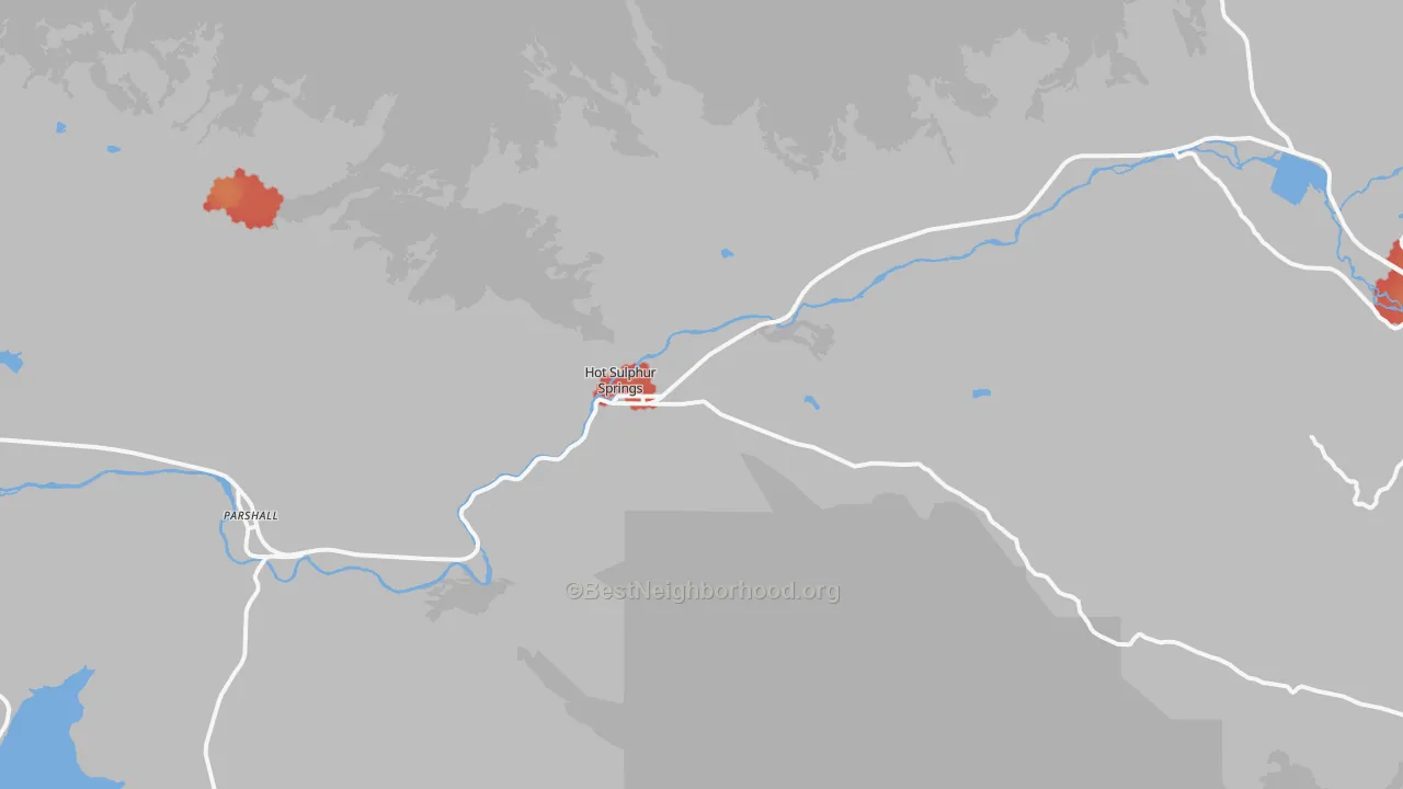 Walk Grade map of Hot Sulphur Springs, CO, walkable areas in green and car-dependent areas in red