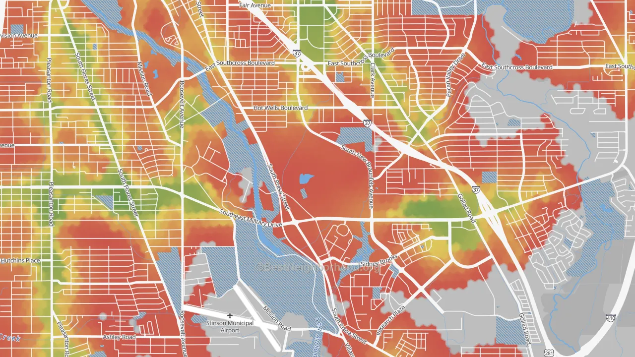 Walk Grade map of Hot Wells, San Antonio, TX, walkable areas in green and car-dependent areas in red