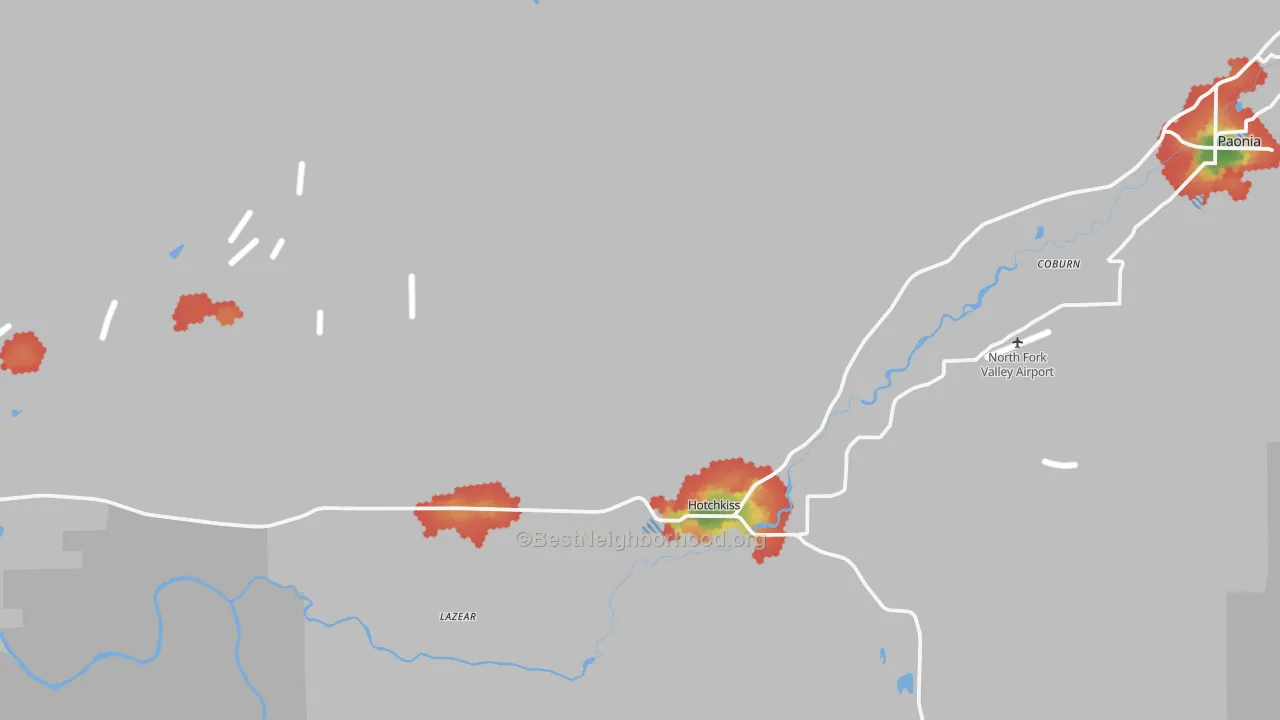 Walk Grade map of Hotchkiss, CO, walkable areas in green and car-dependent areas in red