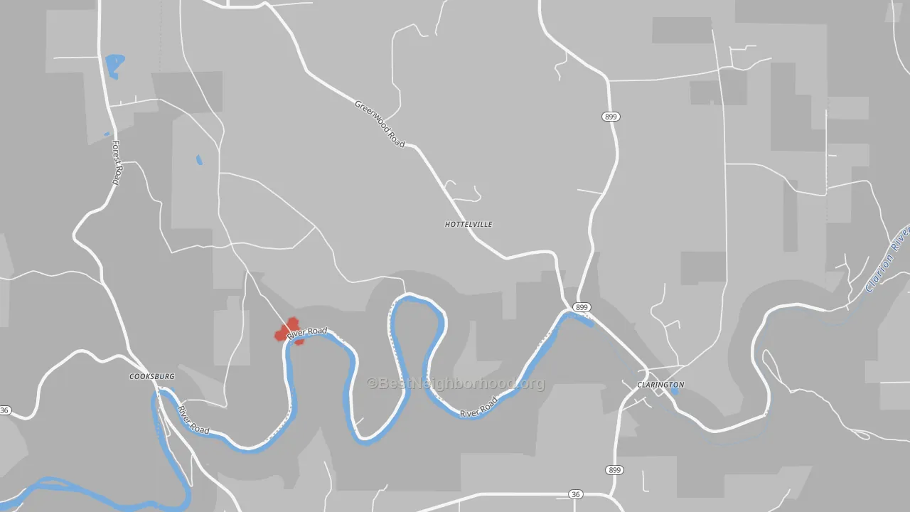 Walk Grade map of Hottelville, PA, walkable areas in green and car-dependent areas in red