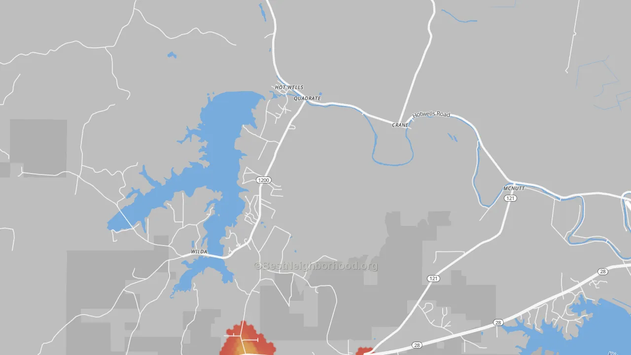 Walk Grade map of Hotwells, LA, walkable areas in green and car-dependent areas in red